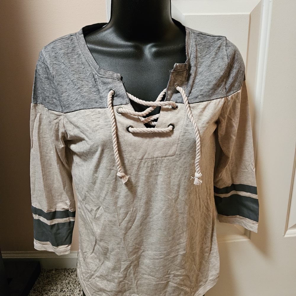 Casual Lace-Up Long Sleeve Top - Gray and Tan